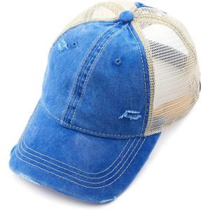 imageCC Hatsandscarf Exclusives Washed Distressed Cotton Denim Ponytail Hat Adjustable Baseball Cap BT12 BT13Dk Blue