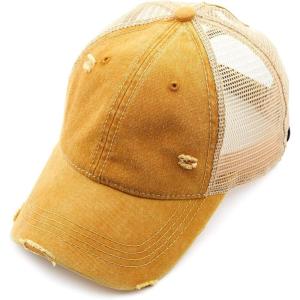 imageCC Hatsandscarf Exclusives Washed Distressed Cotton Denim Ponytail Hat Adjustable Baseball Cap BT12 BT13Mustard