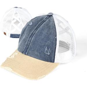 imageCC Hatsandscarf Exclusives Washed Distressed Cotton Denim Ponytail Hat Adjustable Baseball Cap BT12 BT13NavyBeige