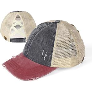 imageCC Hatsandscarf Exclusives Washed Distressed Cotton Denim Ponytail Hat Adjustable Baseball Cap BT12 BT13NavyBurgundy