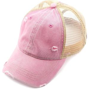 imageCC Hatsandscarf Exclusives Washed Distressed Cotton Denim Ponytail Hat Adjustable Baseball Cap BT12 BT13Pink