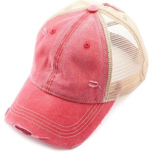 imageCC Hatsandscarf Exclusives Washed Distressed Cotton Denim Ponytail Hat Adjustable Baseball Cap BT12 BT13Red