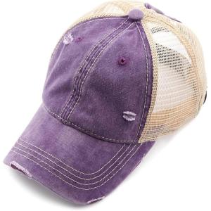 imageCC Hatsandscarf Exclusives Washed Distressed Cotton Denim Ponytail Hat Adjustable Baseball Cap BT12 BT13Violet