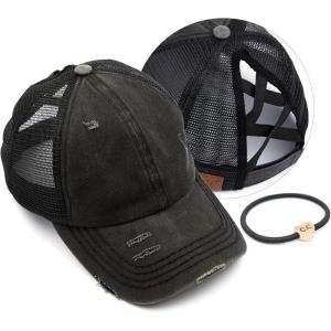 imageCC Ponycap Messy High Bun Ponytail Adjustable Glitter Mesh Trucker Baseball CapA Elastic Bandblack