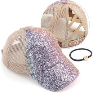 imageCC Ponycap Messy High Bun Ponytail Adjustable Glitter Mesh Trucker Baseball CapA Elastic Bandcrystal Ombre Mermaid
