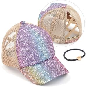 imageCC Ponycap Messy High Bun Ponytail Adjustable Glitter Mesh Trucker Baseball CapA Elastic Bandcrystal Ombre Mermaidkids