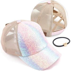 imageCC Ponycap Messy High Bun Ponytail Adjustable Glitter Mesh Trucker Baseball CapA Elastic Bandcrystal Ombre Unicon
