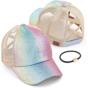 imageCC Ponycap Messy High Bun Ponytail Adjustable Glitter Mesh Trucker Baseball CapA Elastic Bandombre Sparkle Glitter Pink