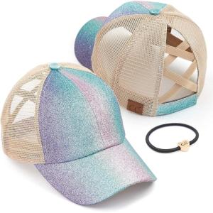 imageCC Ponycap Messy High Bun Ponytail Adjustable Glitter Mesh Trucker Baseball CapA Elastic Bandombre Sparkle Glitter Purple