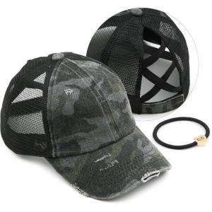 imageCC Ponycap Messy High Bun Ponytail Adjustable Glitter Mesh Trucker Baseball CapCamo Black