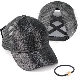 imageCC Ponycap Messy High Bun Ponytail Adjustable Glitter Mesh Trucker Baseball CapGlitter Meshblack
