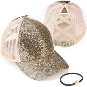 imageCC Ponycap Messy High Bun Ponytail Adjustable Glitter Mesh Trucker Baseball CapGlitter Meshgold