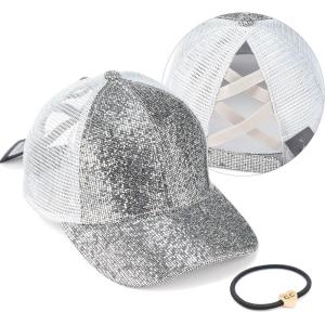 imageCC Ponycap Messy High Bun Ponytail Adjustable Glitter Mesh Trucker Baseball CapGlitter Meshsilver