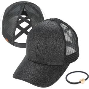 imageCC Ponycap Messy High Bun Ponytail Adjustable Glitter Mesh Trucker Baseball CapGlitterblack