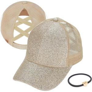 imageCC Ponycap Messy High Bun Ponytail Adjustable Glitter Mesh Trucker Baseball CapGlittergold