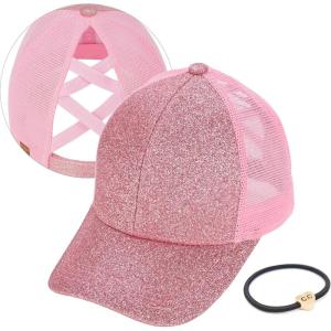 imageCC Ponycap Messy High Bun Ponytail Adjustable Glitter Mesh Trucker Baseball CapGlitterpink