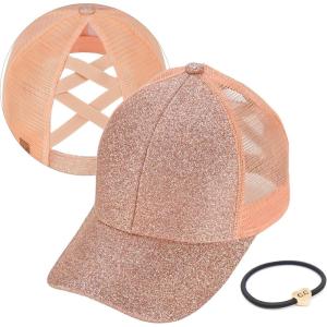imageCC Ponycap Messy High Bun Ponytail Adjustable Glitter Mesh Trucker Baseball CapGlitterrose Gold