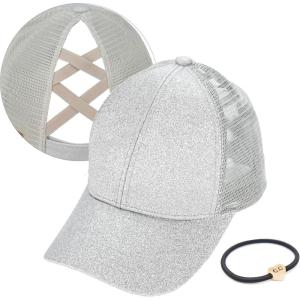 imageCC Ponycap Messy High Bun Ponytail Adjustable Glitter Mesh Trucker Baseball CapGlittersilver