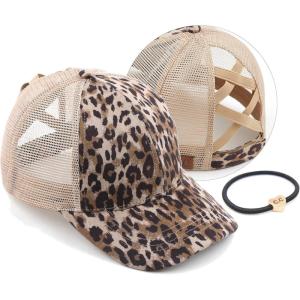 imageCC Ponycap Messy High Bun Ponytail Adjustable Glitter Mesh Trucker Baseball CapLeopard  Beige