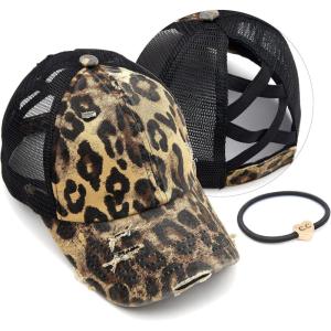 imageCC Ponycap Messy High Bun Ponytail Adjustable Glitter Mesh Trucker Baseball CapLeopard