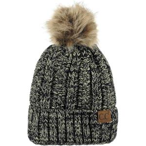 imageCC Thick Cable Knit Faux Fuzzy Fur Pom Fleece Lined Skull Cap Cuff Beanie2 Tone BlackDark Beige