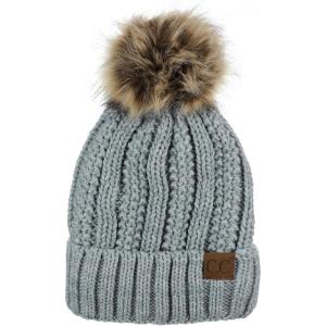 imageCC Thick Cable Knit Faux Fuzzy Fur Pom Fleece Lined Skull Cap Cuff Beanie2 Tone Gray