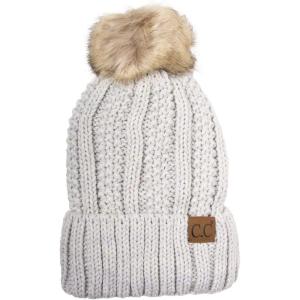 imageCC Thick Cable Knit Faux Fuzzy Fur Pom Fleece Lined Skull Cap Cuff Beanie2 Tone Lt Gray