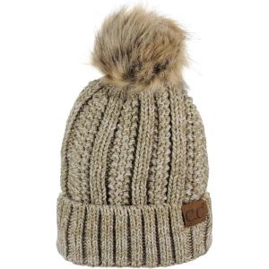 imageCC Thick Cable Knit Faux Fuzzy Fur Pom Fleece Lined Skull Cap Cuff Beanie2 Tone Taupe