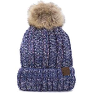imageCC Thick Cable Knit Faux Fuzzy Fur Pom Fleece Lined Skull Cap Cuff Beanie3 Tone BluePurpleGrey