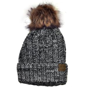 imageCC Thick Cable Knit Faux Fuzzy Fur Pom Fleece Lined Skull Cap Cuff Beanie3 Tone Gray
