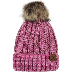 imageCC Thick Cable Knit Faux Fuzzy Fur Pom Fleece Lined Skull Cap Cuff Beanie3 Tone Pink