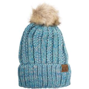 imageCC Thick Cable Knit Faux Fuzzy Fur Pom Fleece Lined Skull Cap Cuff Beanie3 Tone Sky Blue