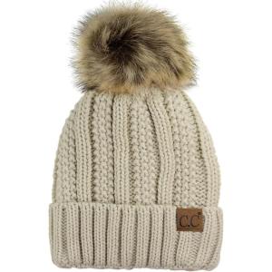 imageCC Thick Cable Knit Faux Fuzzy Fur Pom Fleece Lined Skull Cap Cuff BeanieBeige