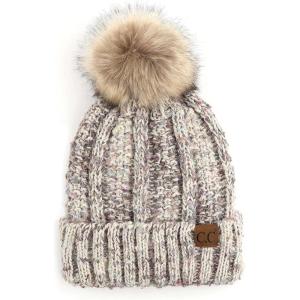 imageCC Thick Cable Knit Faux Fuzzy Fur Pom Fleece Lined Skull Cap Cuff BeanieBeige Multi