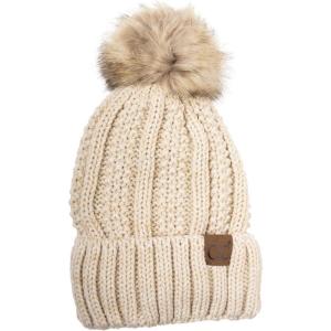 imageCC Thick Cable Knit Faux Fuzzy Fur Pom Fleece Lined Skull Cap Cuff BeanieBeigeIvory