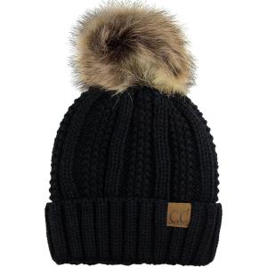 imageCC Thick Cable Knit Faux Fuzzy Fur Pom Fleece Lined Skull Cap Cuff BeanieBlack