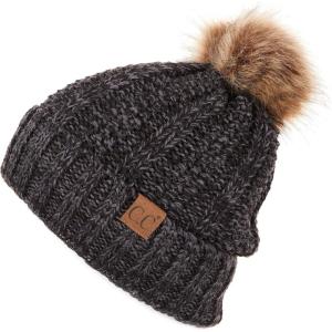 imageCC Thick Cable Knit Faux Fuzzy Fur Pom Fleece Lined Skull Cap Cuff BeanieBlack Mix