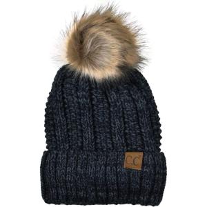 imageCC Thick Cable Knit Faux Fuzzy Fur Pom Fleece Lined Skull Cap Cuff BeanieBlackGray