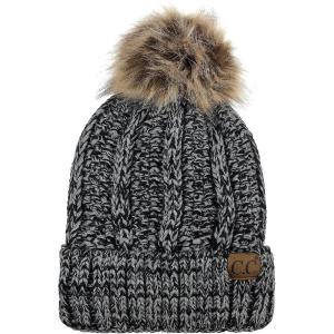 imageCC Thick Cable Knit Faux Fuzzy Fur Pom Fleece Lined Skull Cap Cuff BeanieBlackGray Mix