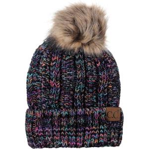 imageCC Thick Cable Knit Faux Fuzzy Fur Pom Fleece Lined Skull Cap Cuff BeanieBlackMulti