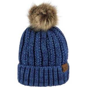 imageCC Thick Cable Knit Faux Fuzzy Fur Pom Fleece Lined Skull Cap Cuff BeanieBlueDenim
