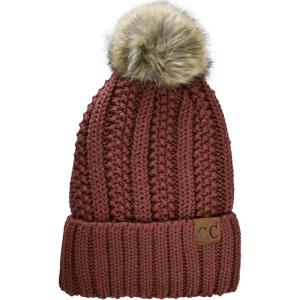 imageCC Thick Cable Knit Faux Fuzzy Fur Pom Fleece Lined Skull Cap Cuff BeanieBrick