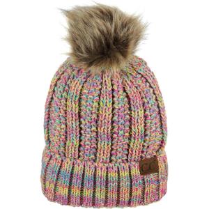 imageCC Thick Cable Knit Faux Fuzzy Fur Pom Fleece Lined Skull Cap Cuff BeanieBright Mix