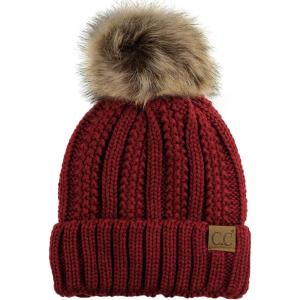 imageCC Thick Cable Knit Faux Fuzzy Fur Pom Fleece Lined Skull Cap Cuff BeanieBurgundy