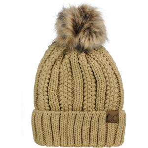 imageCC Thick Cable Knit Faux Fuzzy Fur Pom Fleece Lined Skull Cap Cuff BeanieCamel