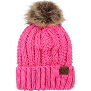 imageCC Thick Cable Knit Faux Fuzzy Fur Pom Fleece Lined Skull Cap Cuff BeanieCandy Pink