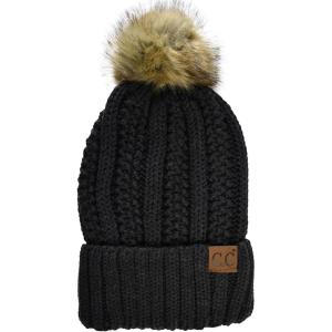 imageCC Thick Cable Knit Faux Fuzzy Fur Pom Fleece Lined Skull Cap Cuff BeanieCharcoal