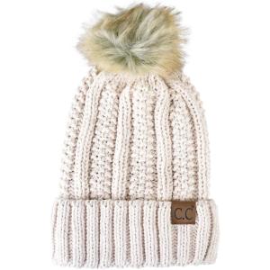 imageCC Thick Cable Knit Faux Fuzzy Fur Pom Fleece Lined Skull Cap Cuff BeanieChenille Beige