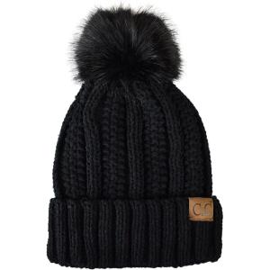 imageCC Thick Cable Knit Faux Fuzzy Fur Pom Fleece Lined Skull Cap Cuff BeanieChenille Black Pom