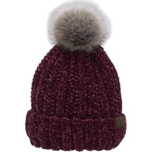 imageCC Thick Cable Knit Faux Fuzzy Fur Pom Fleece Lined Skull Cap Cuff BeanieChenille Burgundy